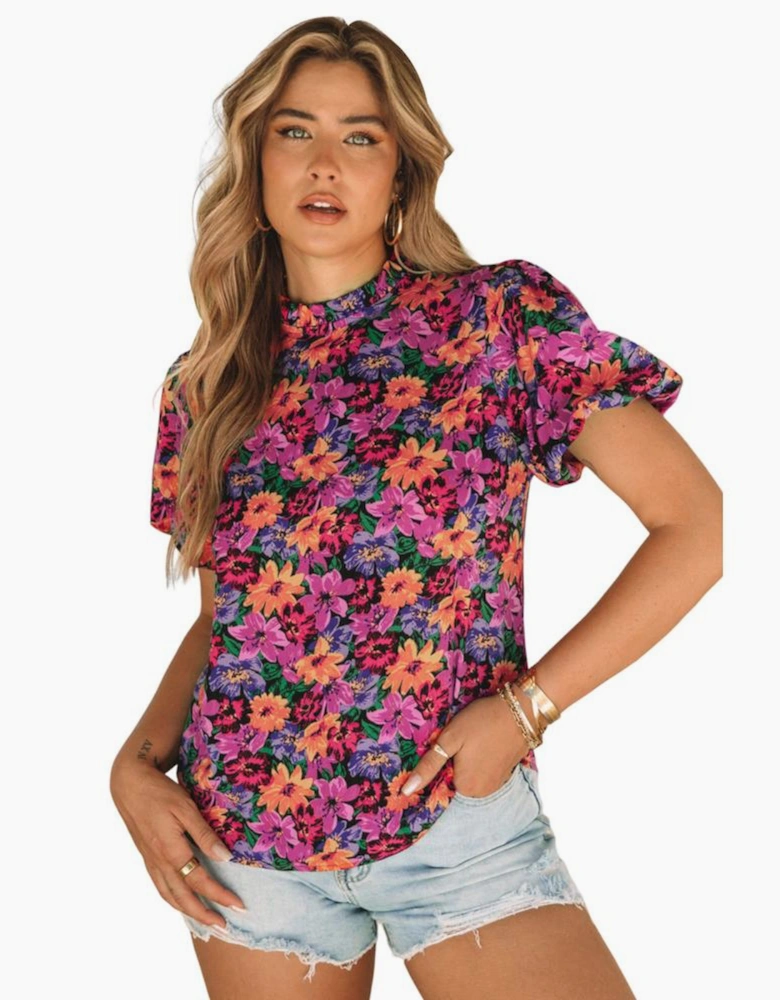 Multicolor Floral Print Round Neck Puff Sleeve Blouse