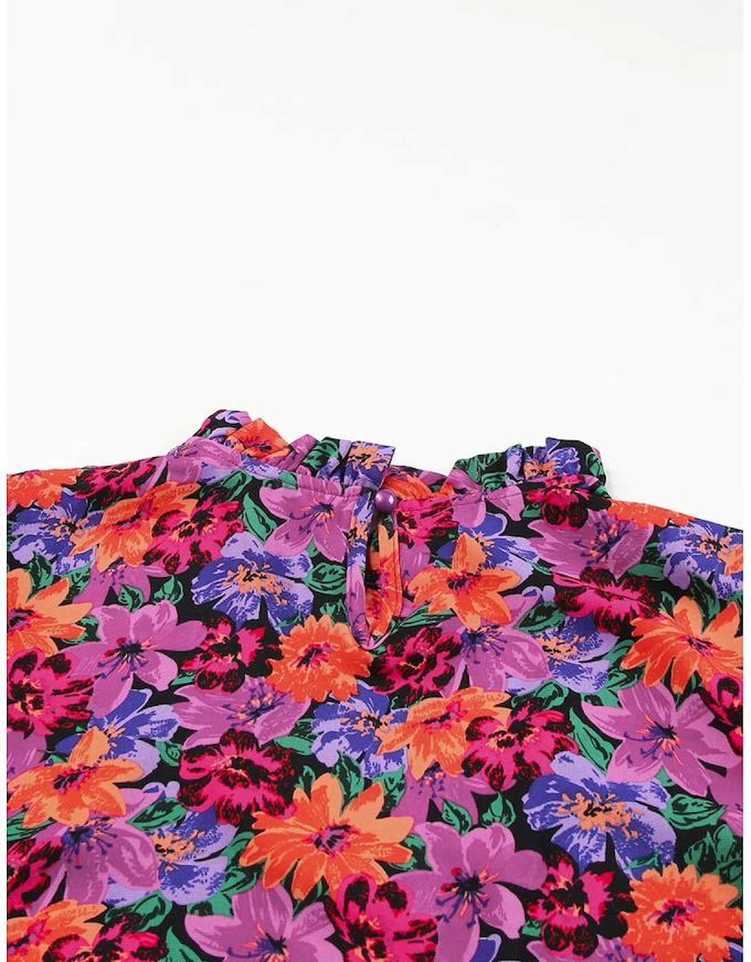 Multicolor Floral Print Round Neck Puff Sleeve Blouse