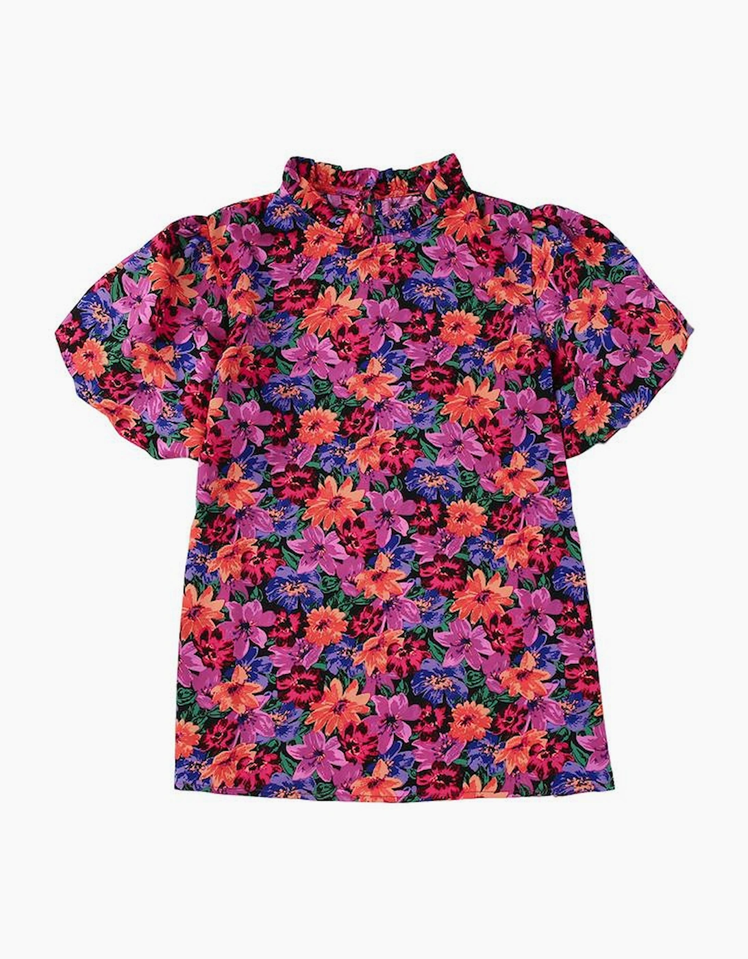 Multicolor Floral Print Round Neck Puff Sleeve Blouse