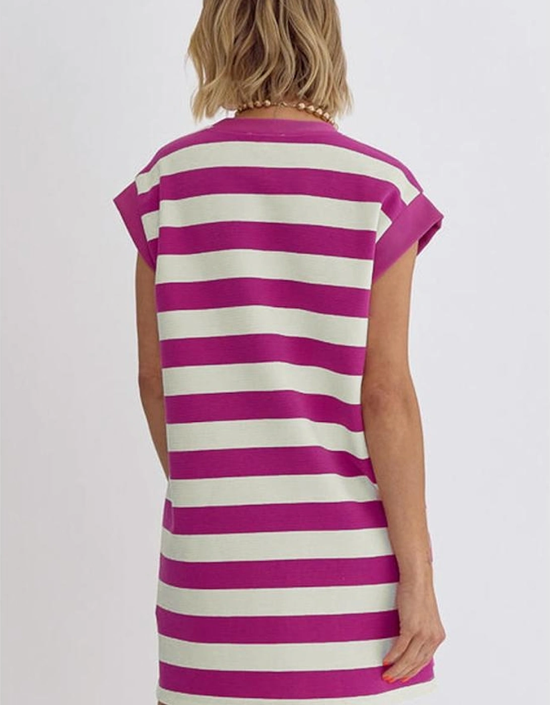 Rose Stripe Cap Sleeve Pocketed Shift T-shirt Dress