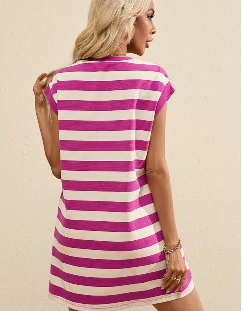 Rose Stripe Cap Sleeve Pocketed Shift T-shirt Dress