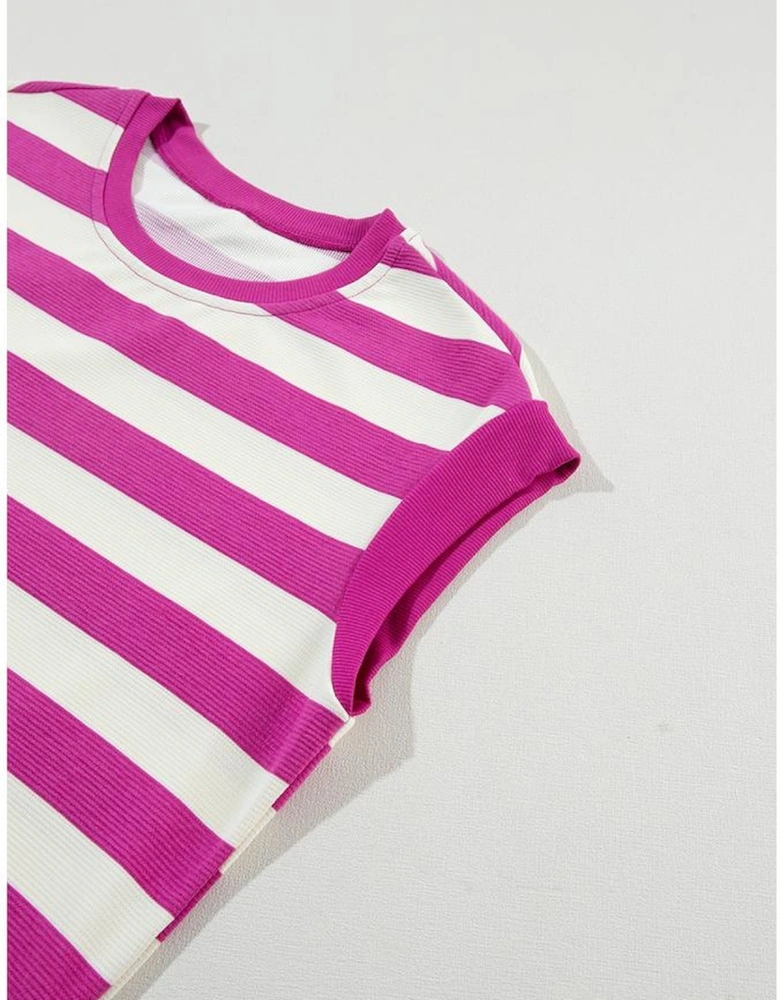 Rose Stripe Cap Sleeve Pocketed Shift T-shirt Dress