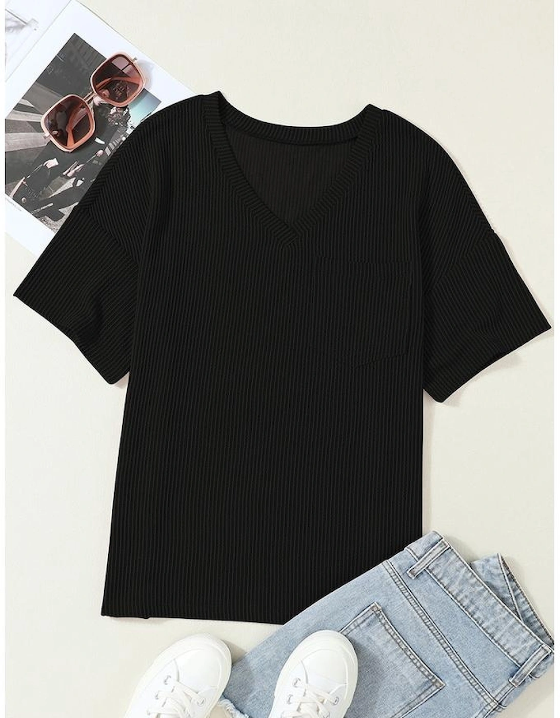 Black Corded V Neck Chest Pocket Loose T-shirt