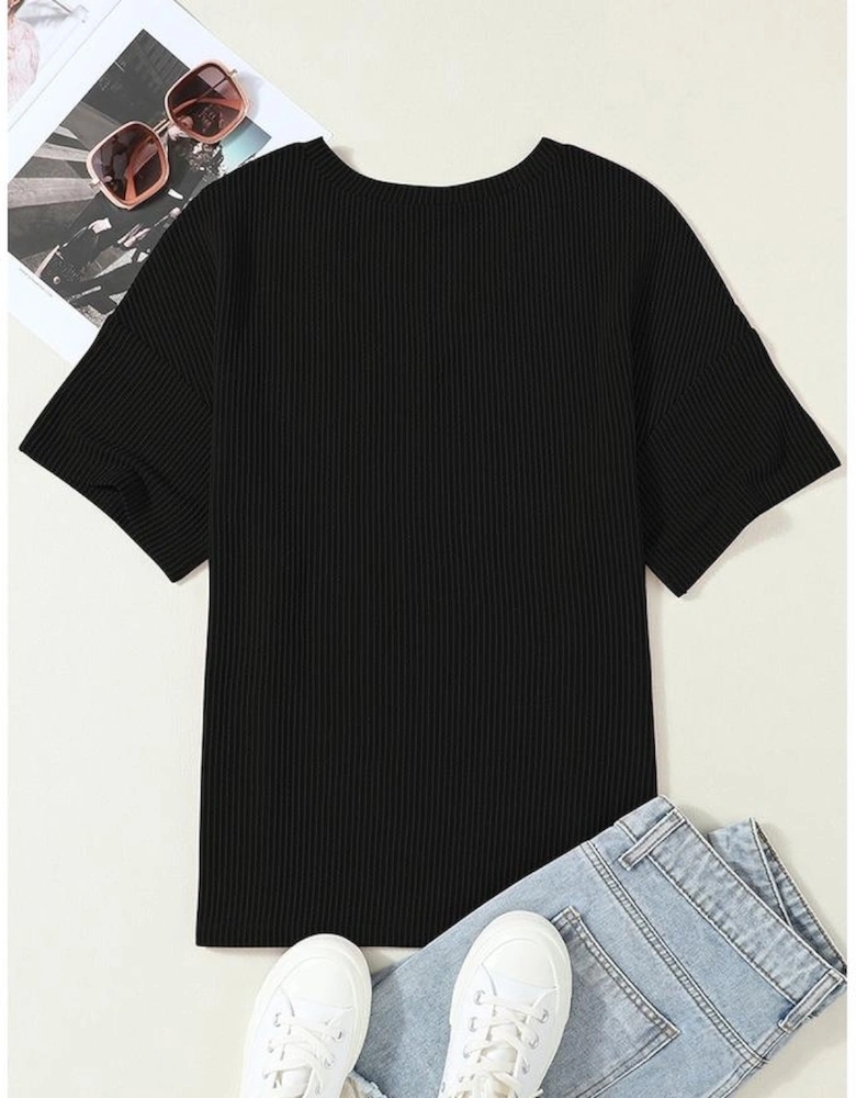 Black Corded V Neck Chest Pocket Loose T-shirt