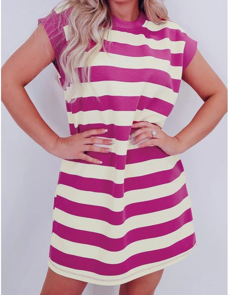 Rose Stripe Cap Sleeve Pocketed Shift T-shirt Dress
