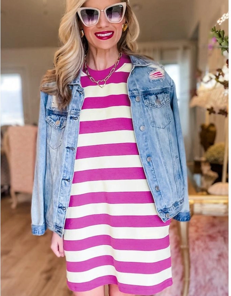 Rose Stripe Cap Sleeve Pocketed Shift T-shirt Dress