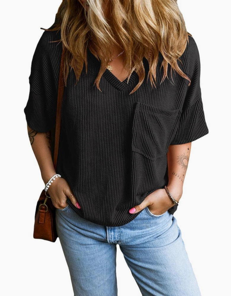 Black Corded V Neck Chest Pocket Loose T-shirt