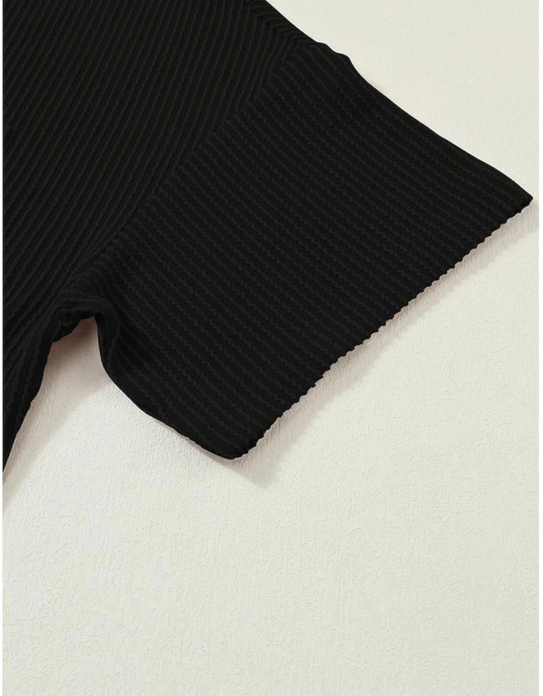 Black Corded V Neck Chest Pocket Loose T-shirt