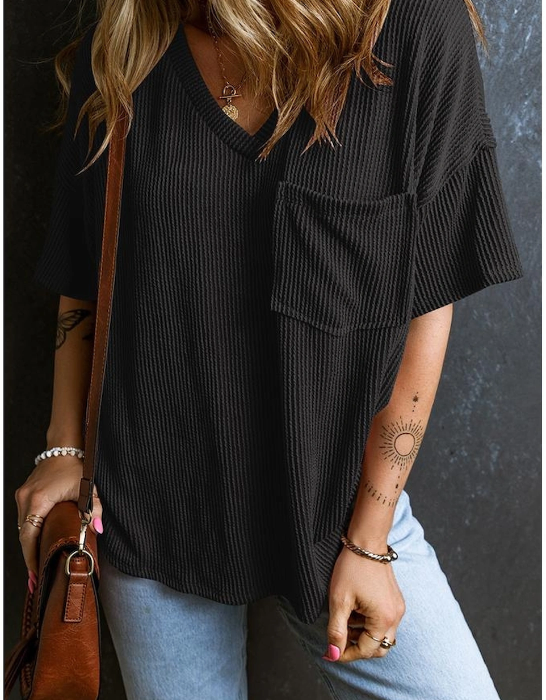 Black Corded V Neck Chest Pocket Loose T-shirt, 13 of 12