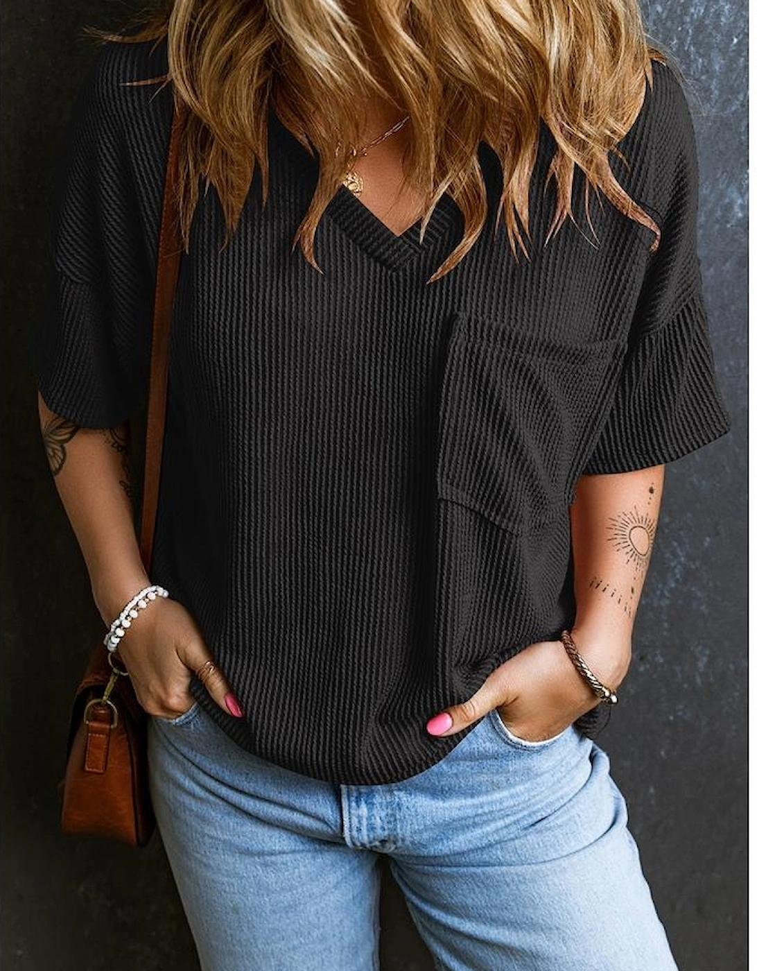 Black Corded V Neck Chest Pocket Loose T-shirt