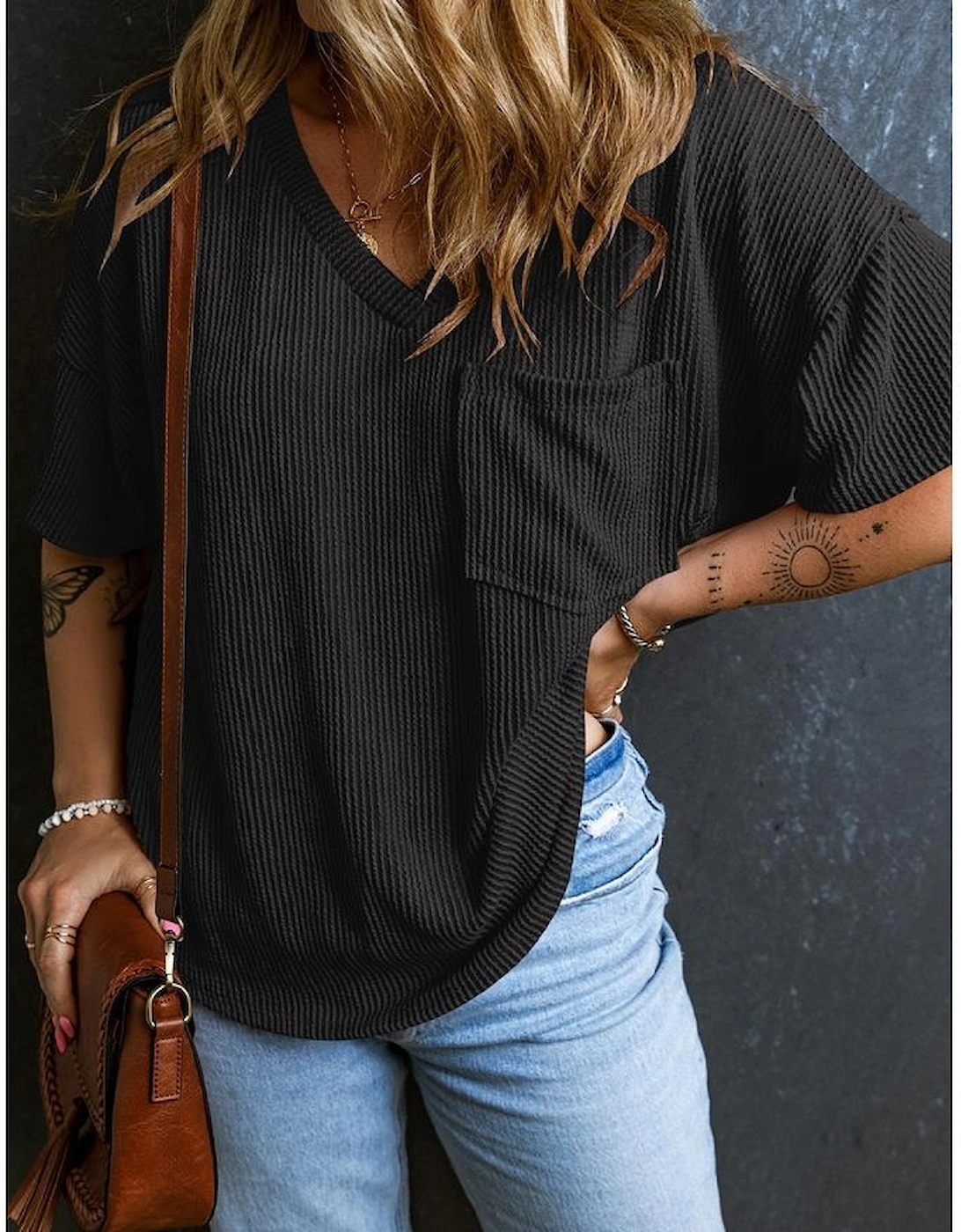 Black Corded V Neck Chest Pocket Loose T-shirt