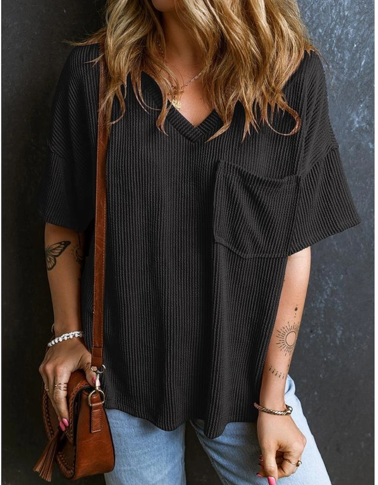 Black Corded V Neck Chest Pocket Loose T-shirt
