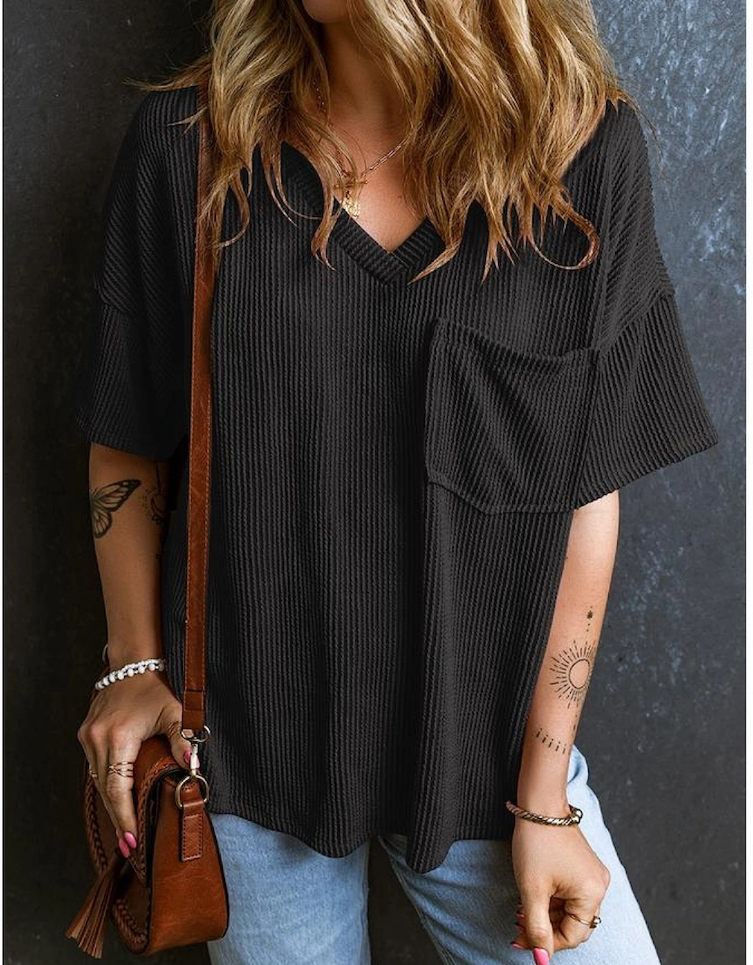 Black Corded V Neck Chest Pocket Loose T-shirt