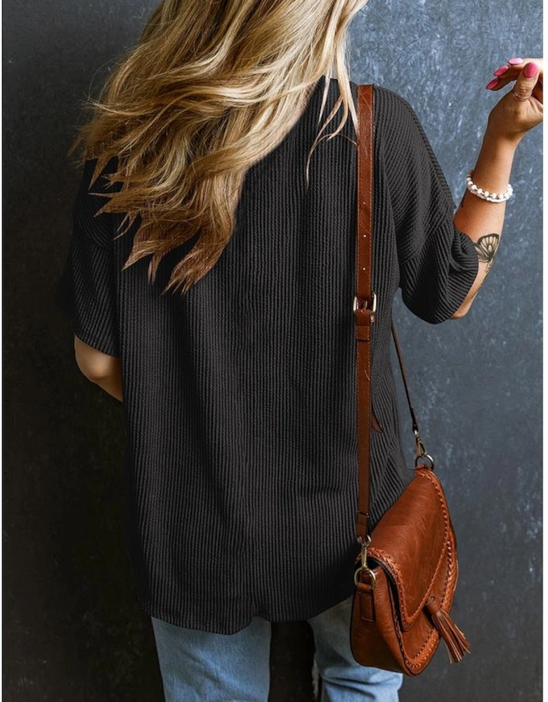 Black Corded V Neck Chest Pocket Loose T-shirt