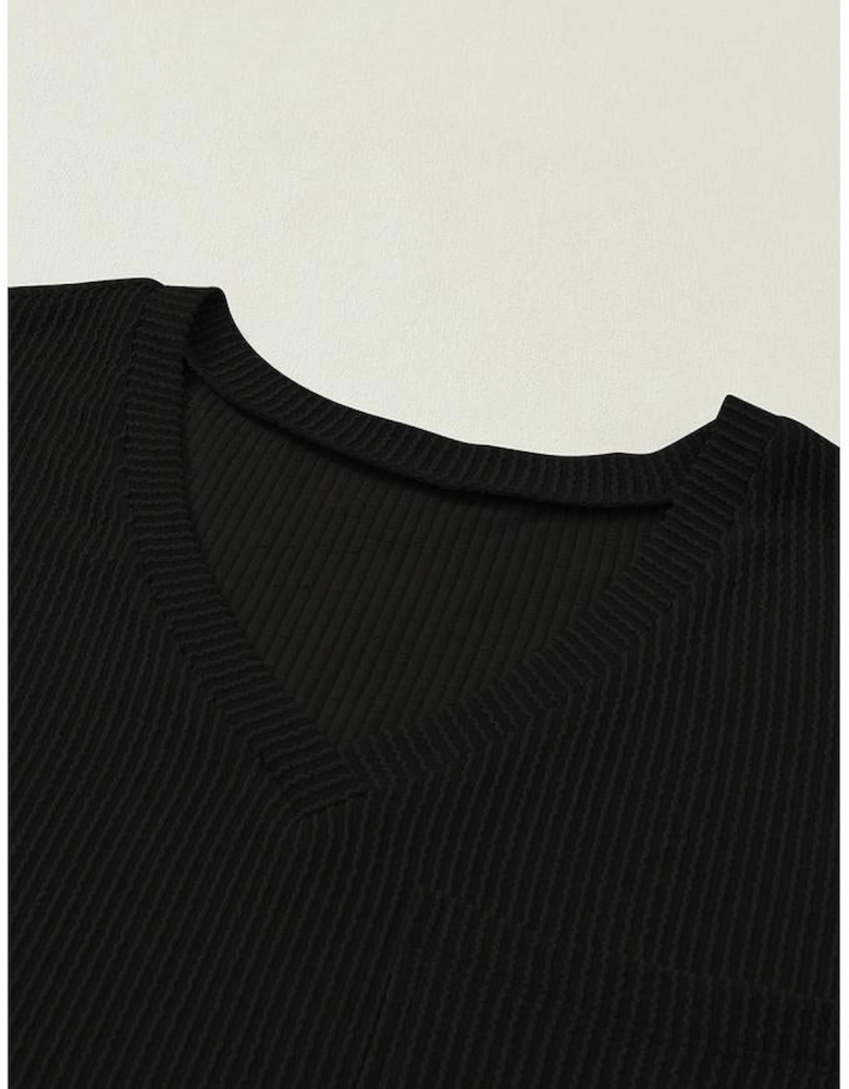 Black Corded V Neck Chest Pocket Loose T-shirt