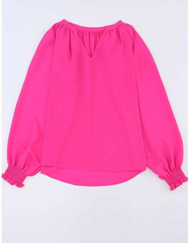 Rose Pleated V Neck Puffy Sleeve Blouse