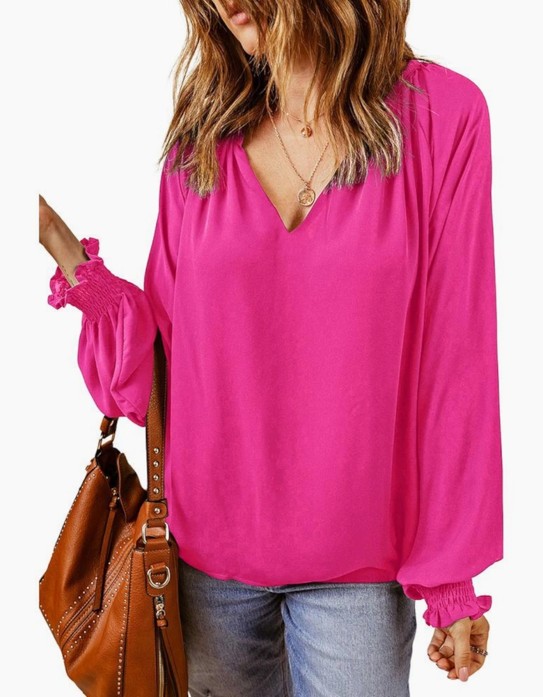 Rose Pleated V Neck Puffy Sleeve Blouse