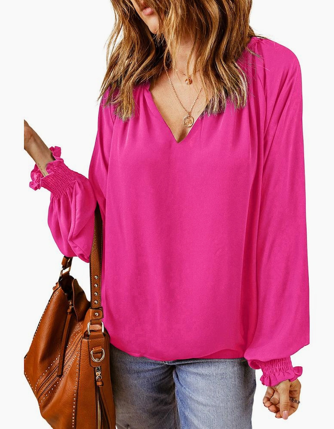 Rose Pleated V Neck Puffy Sleeve Blouse