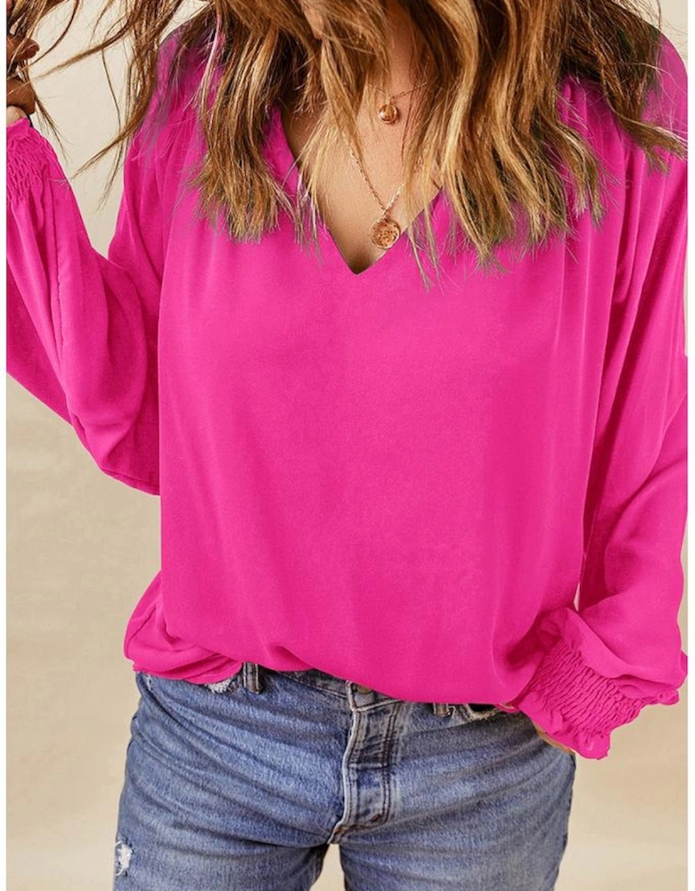 Rose Pleated V Neck Puffy Sleeve Blouse