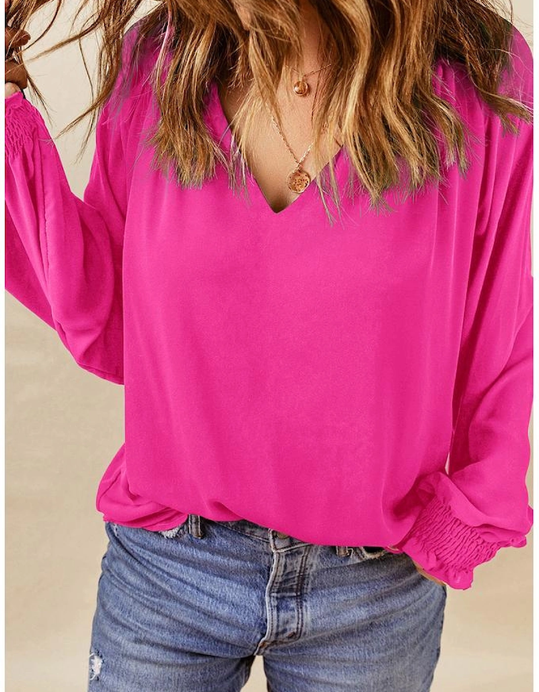 Rose Pleated V Neck Puffy Sleeve Blouse