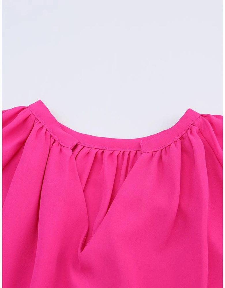 Rose Pleated V Neck Puffy Sleeve Blouse