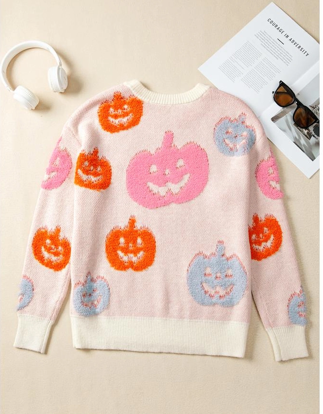 Beige Halloween Cute Pumpkin Pattern Sweater