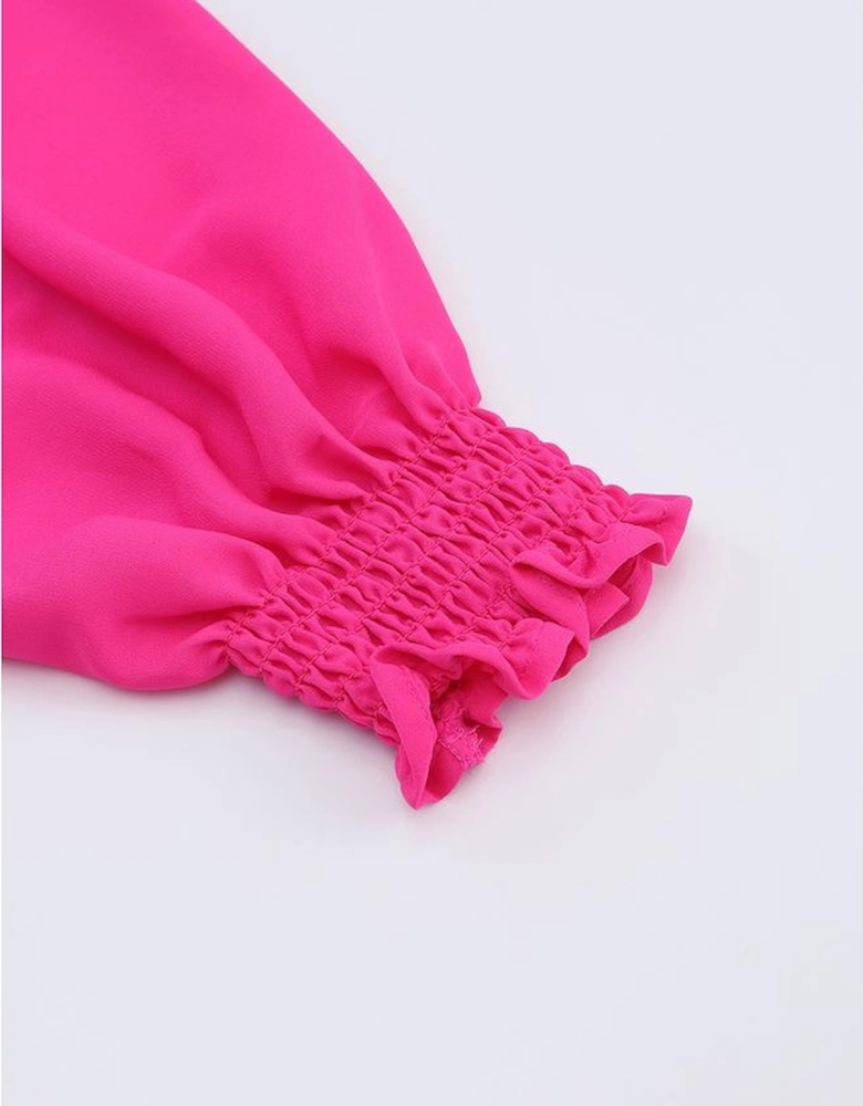 Rose Pleated V Neck Puffy Sleeve Blouse