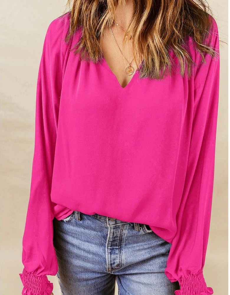 Rose Pleated V Neck Puffy Sleeve Blouse