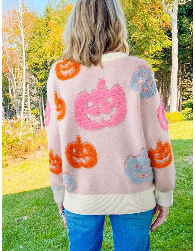 Beige Halloween Cute Pumpkin Pattern Sweater