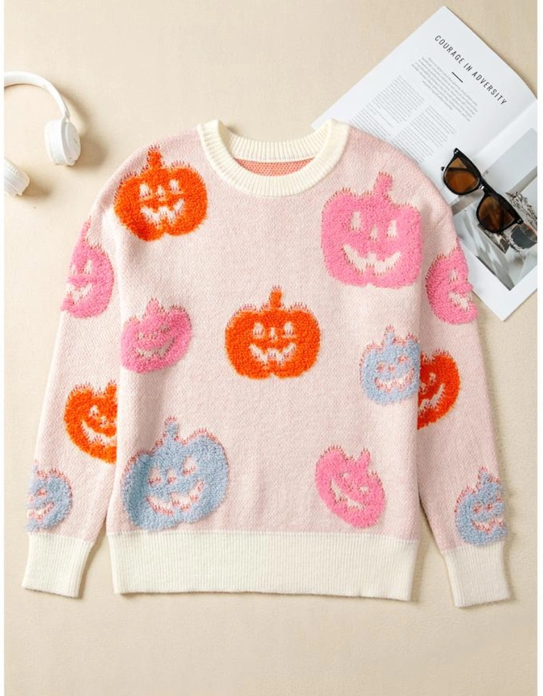 Beige Halloween Cute Pumpkin Pattern Sweater