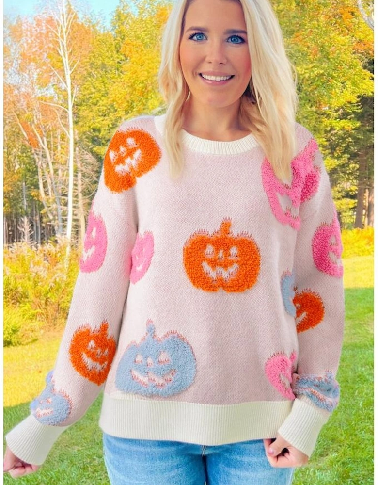 Beige Halloween Cute Pumpkin Pattern Sweater