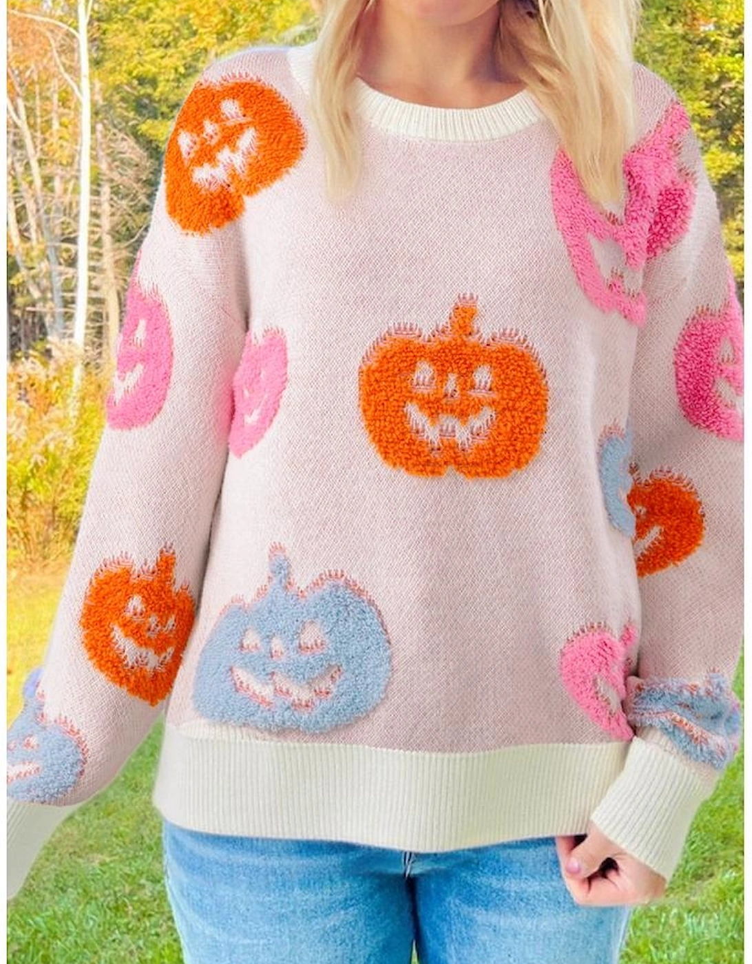 Beige Halloween Cute Pumpkin Pattern Sweater