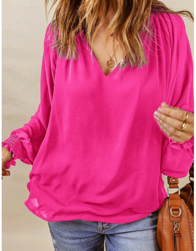 Rose Pleated V Neck Puffy Sleeve Blouse