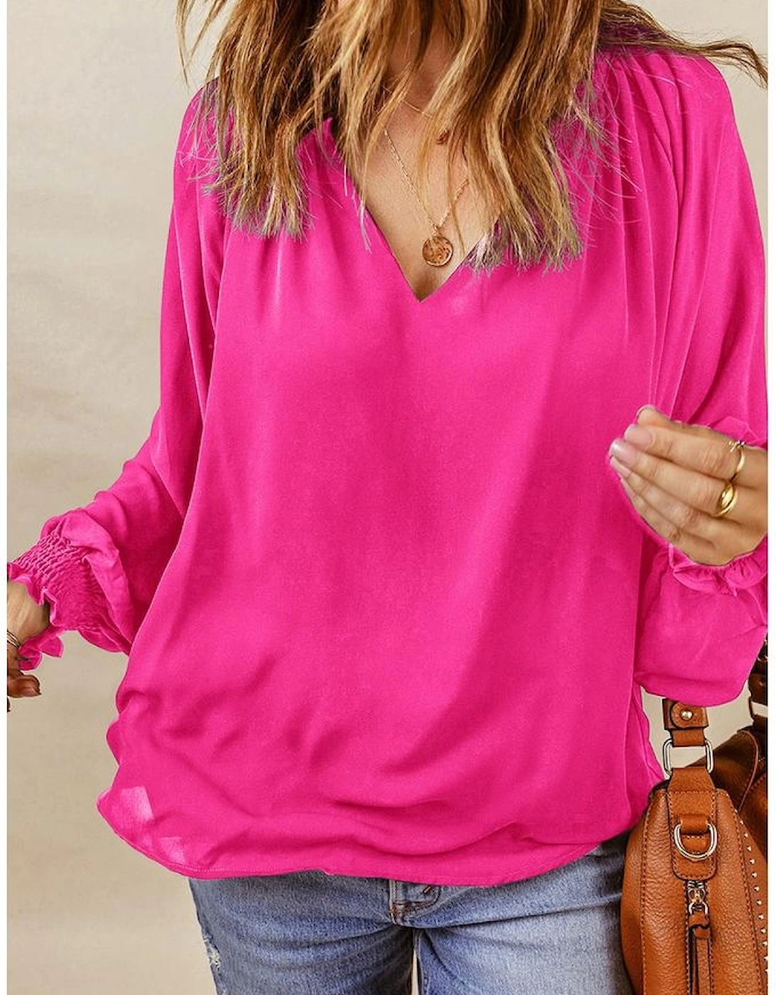 Rose Pleated V Neck Puffy Sleeve Blouse