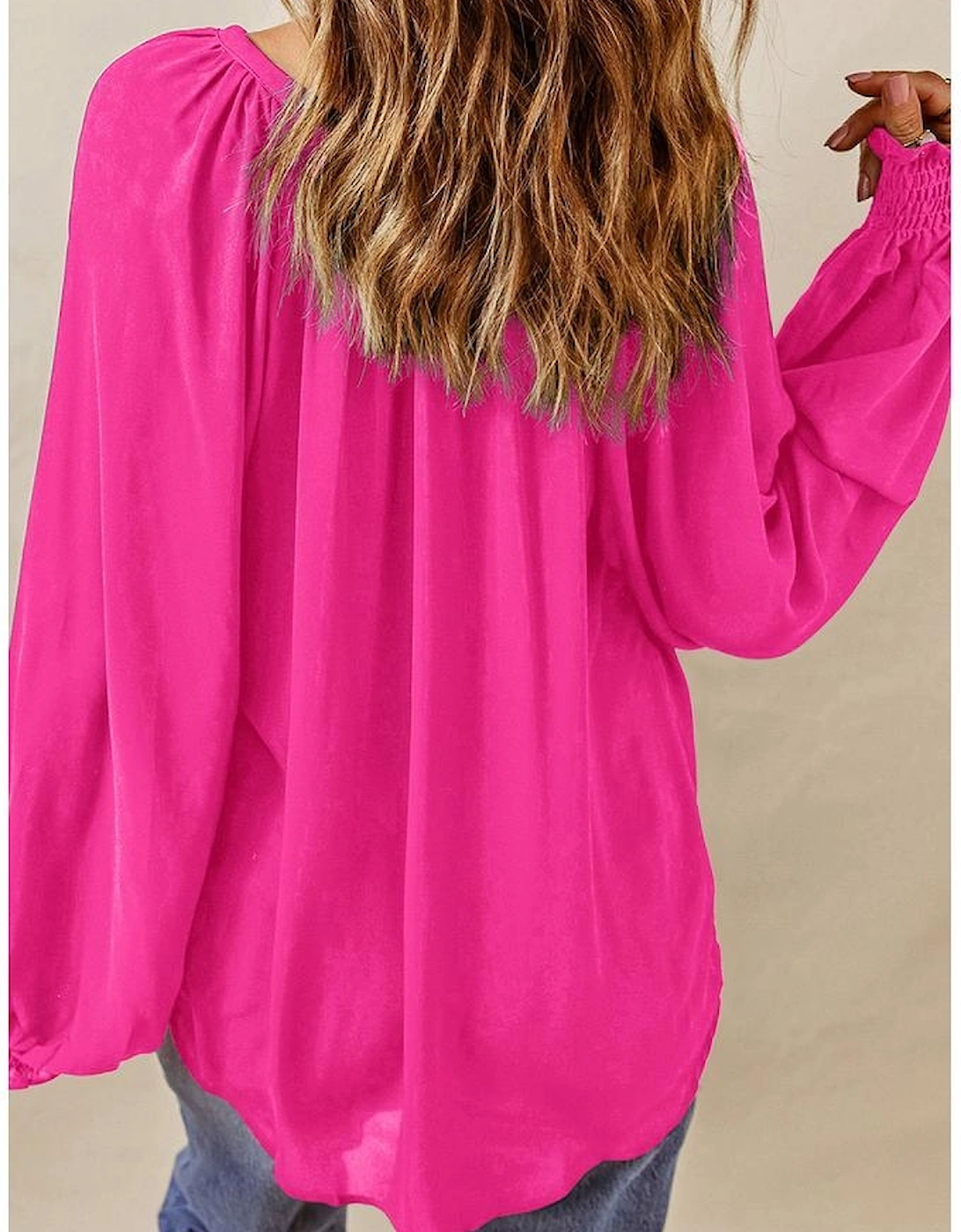 Rose Pleated V Neck Puffy Sleeve Blouse