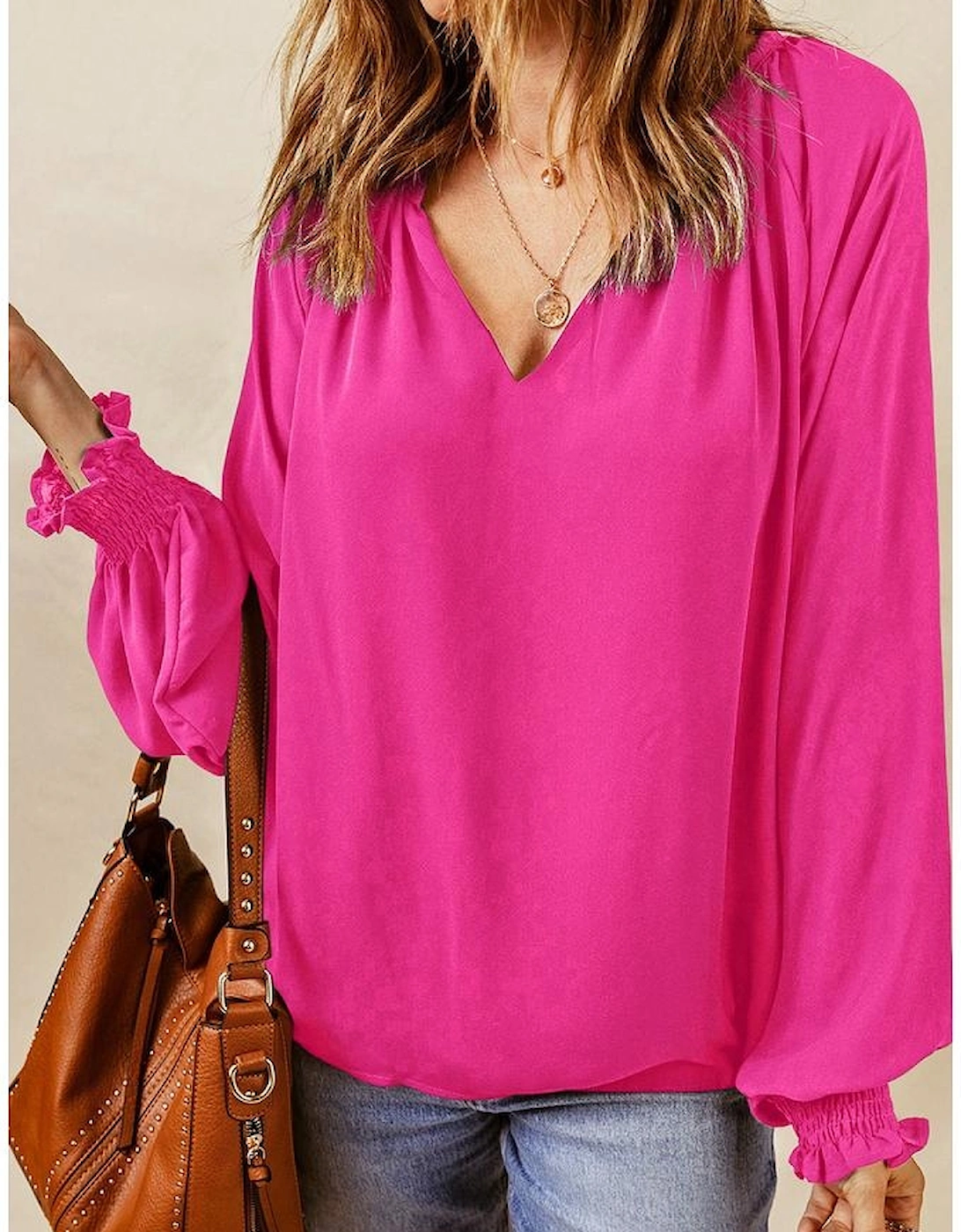 Rose Pleated V Neck Puffy Sleeve Blouse