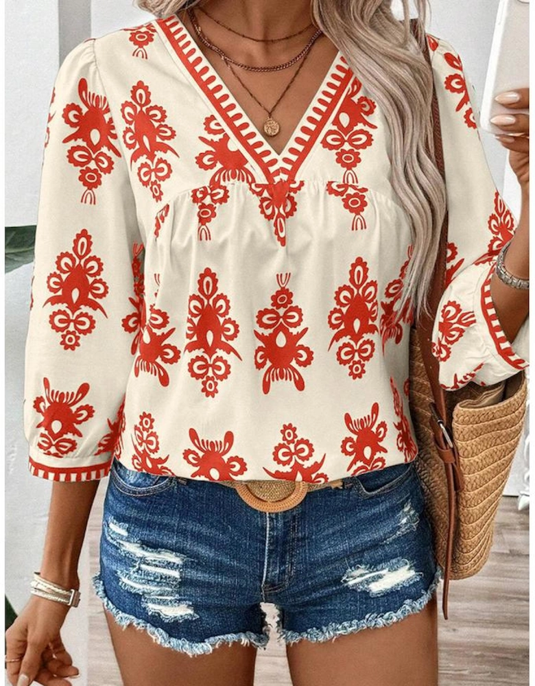 Orange Vintage Geometric Printed 3/4 Sleeve V Neck Blouse