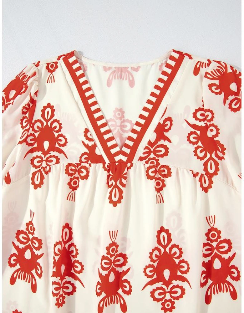 Orange Vintage Geometric Printed 3/4 Sleeve V Neck Blouse