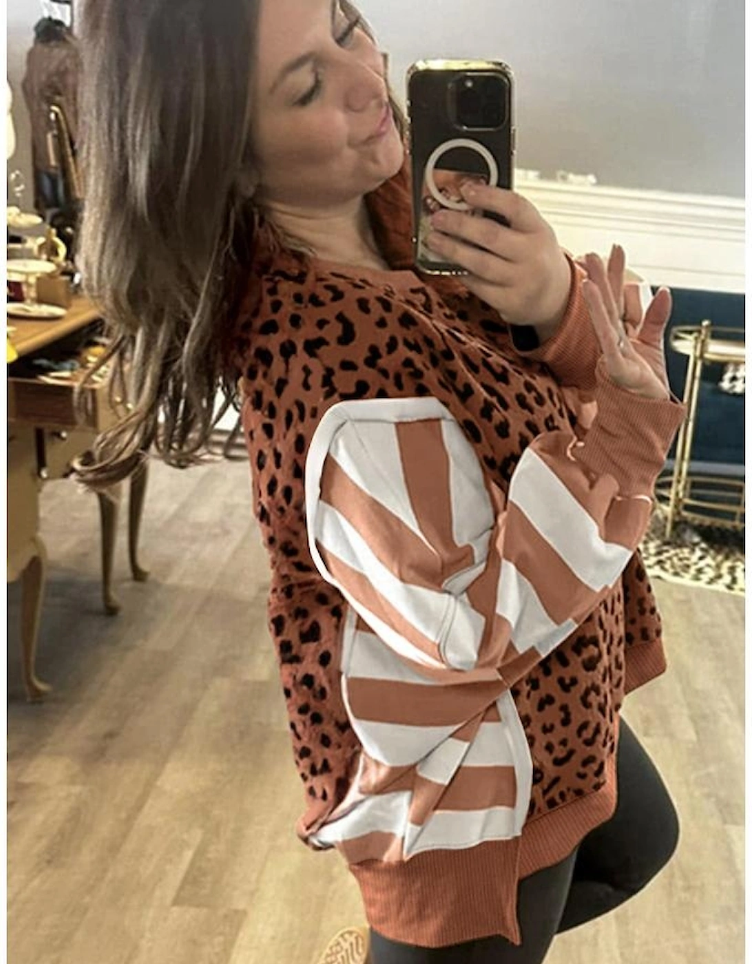 Khaki Leopard Striped Patchwork Plus Size Loose Sweatshirt, 4 of 3