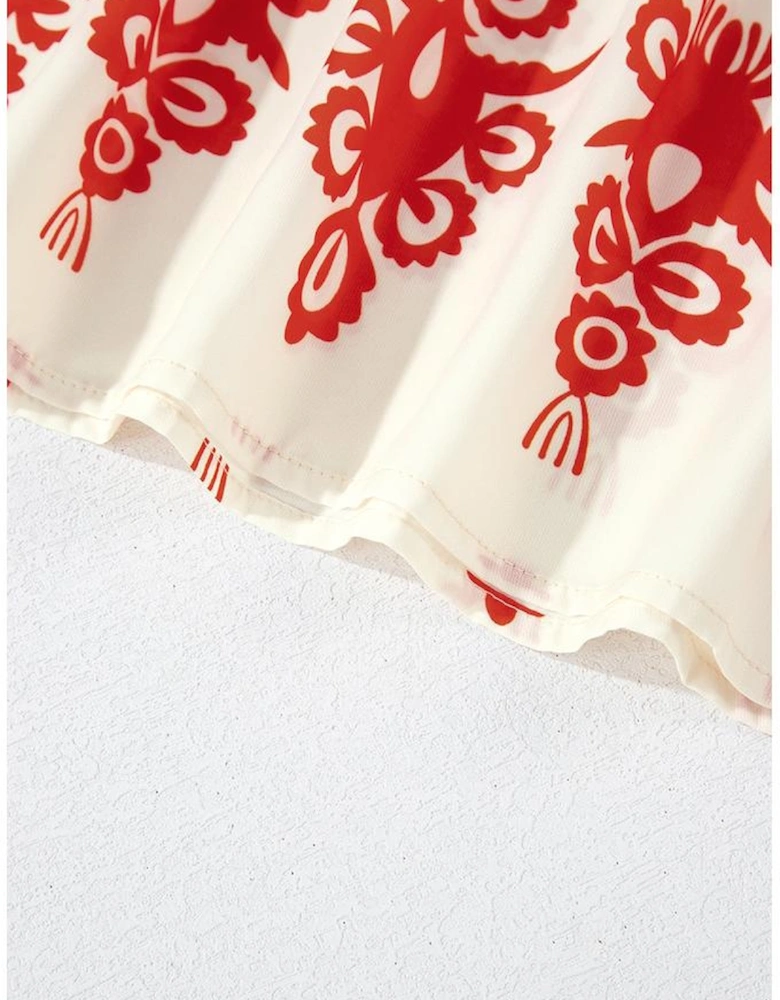 Orange Vintage Geometric Printed 3/4 Sleeve V Neck Blouse