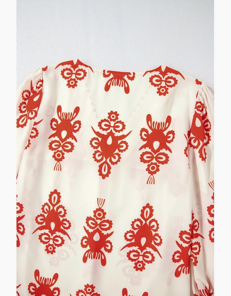 Orange Vintage Geometric Printed 3/4 Sleeve V Neck Blouse