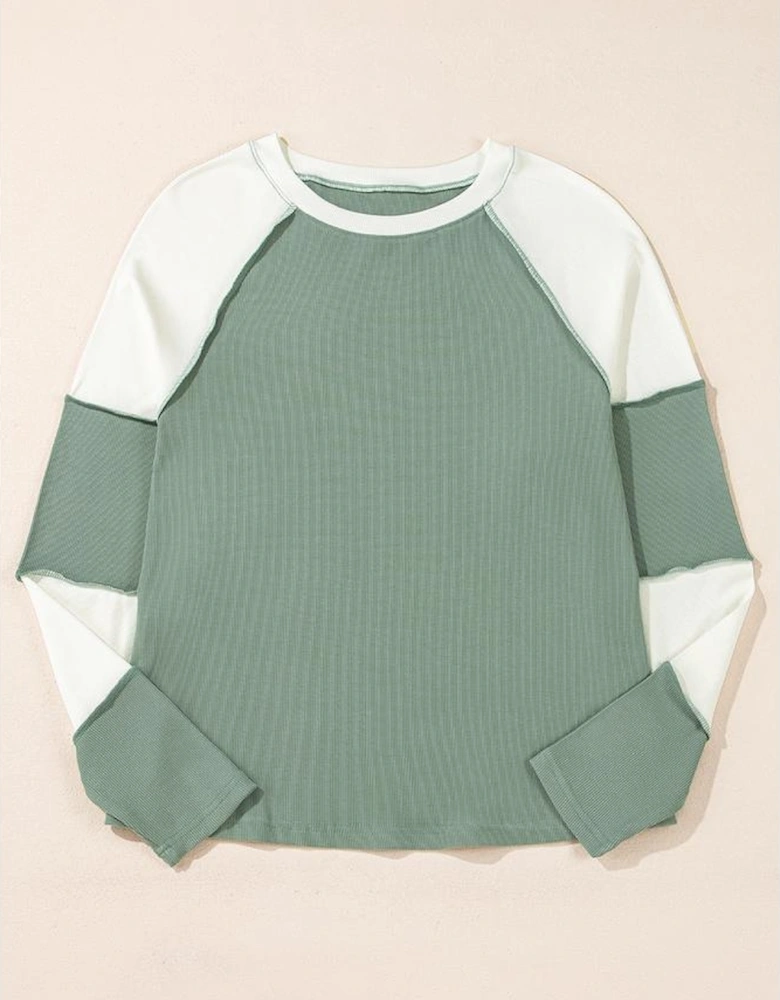 Mint Green Ribbed Colorblock Patchwork Raglan Long Sleeve Top