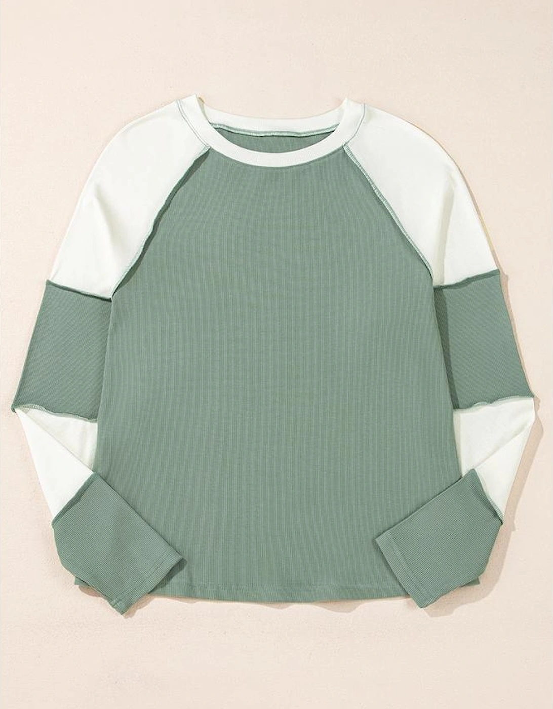 Mint Green Ribbed Colorblock Patchwork Raglan Long Sleeve Top