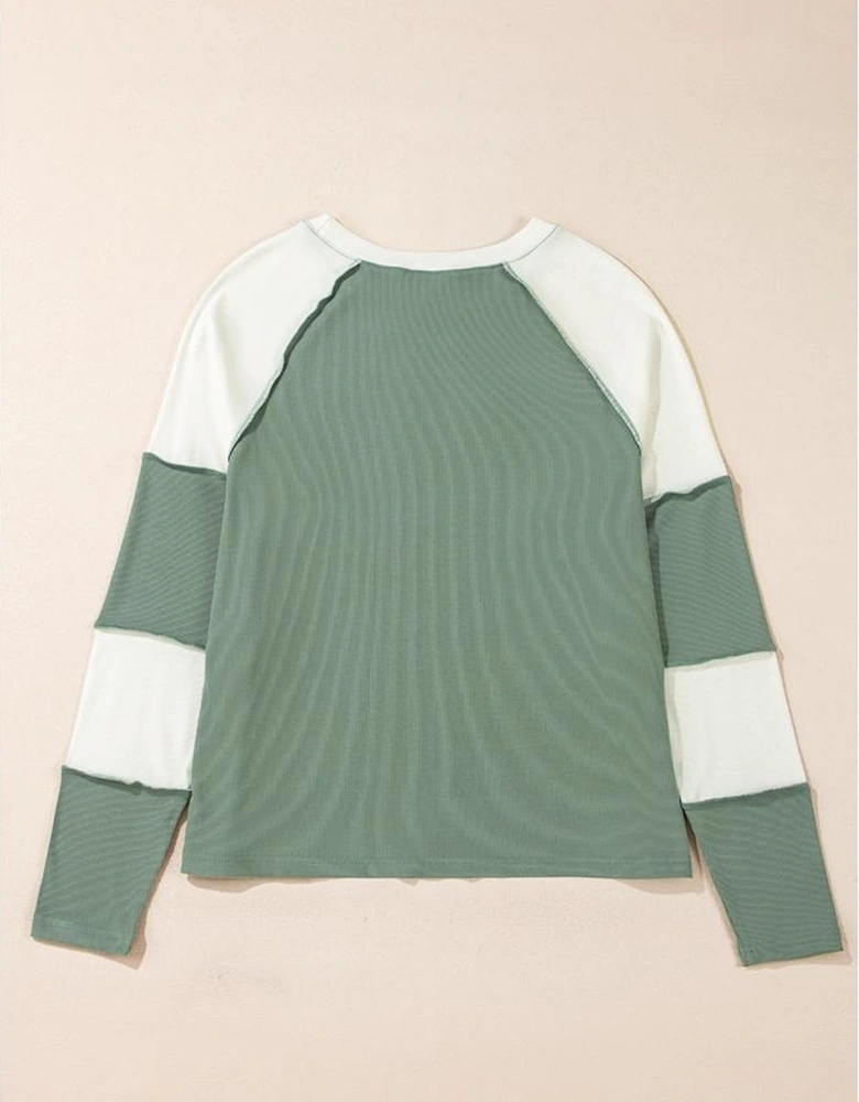 Mint Green Ribbed Colorblock Patchwork Raglan Long Sleeve Top