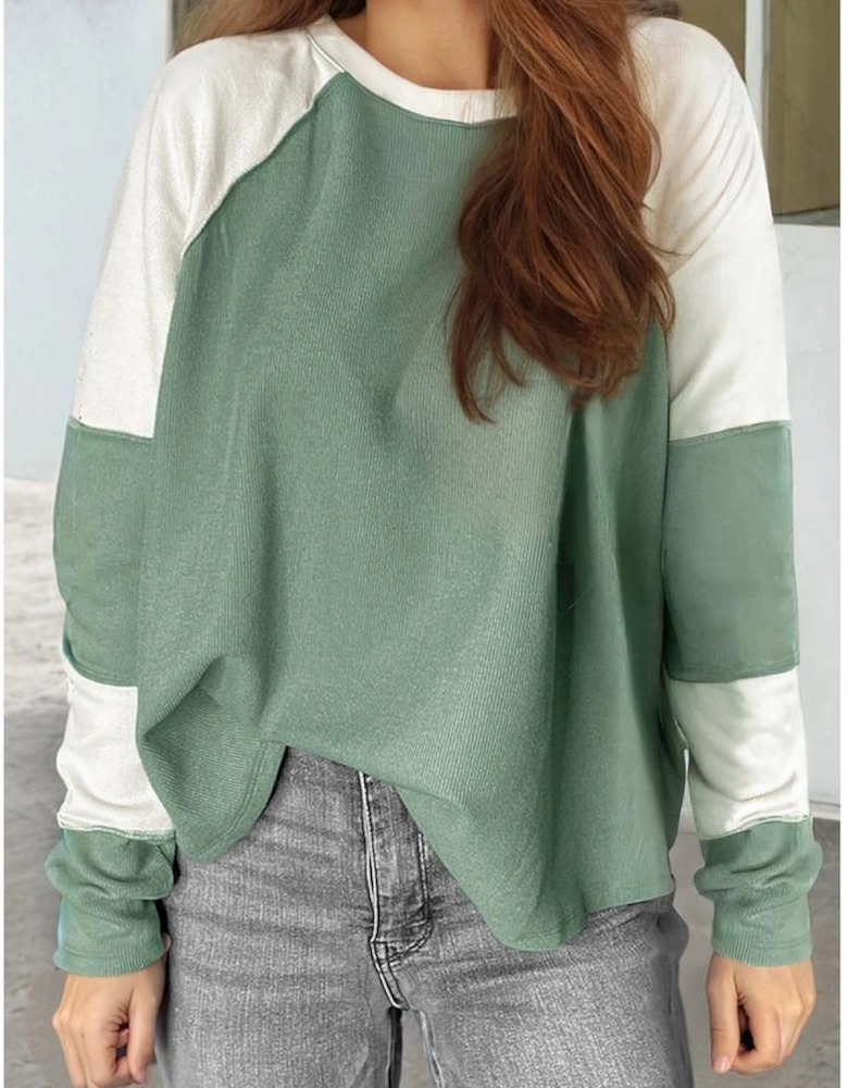 Mint Green Ribbed Colorblock Patchwork Raglan Long Sleeve Top