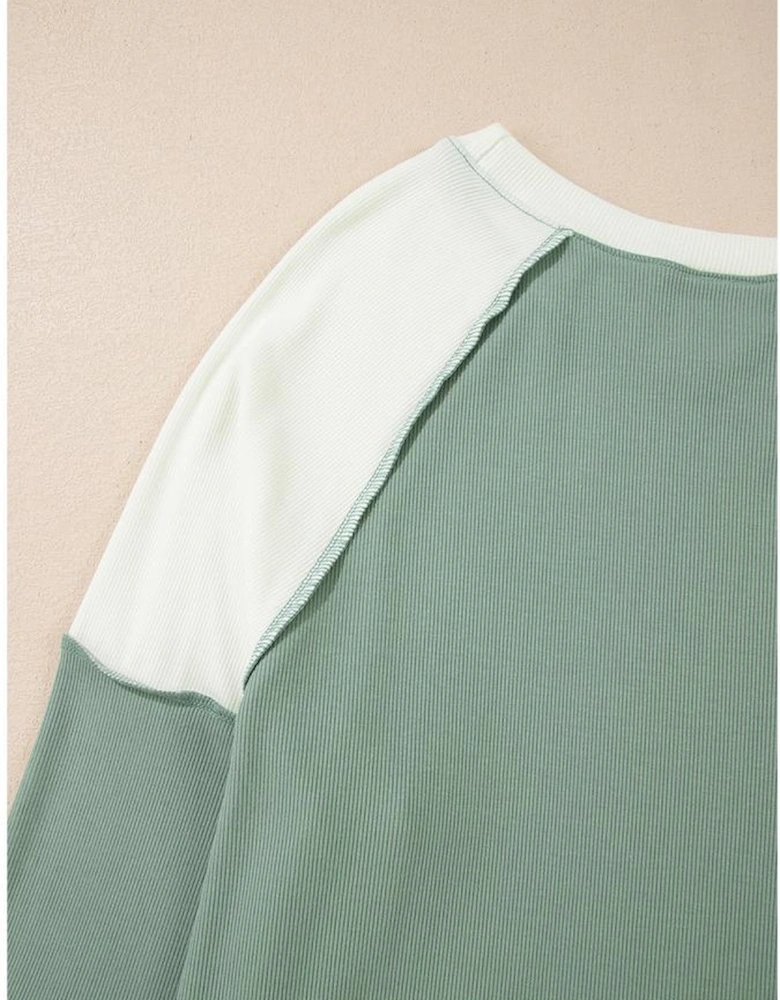 Mint Green Ribbed Colorblock Patchwork Raglan Long Sleeve Top