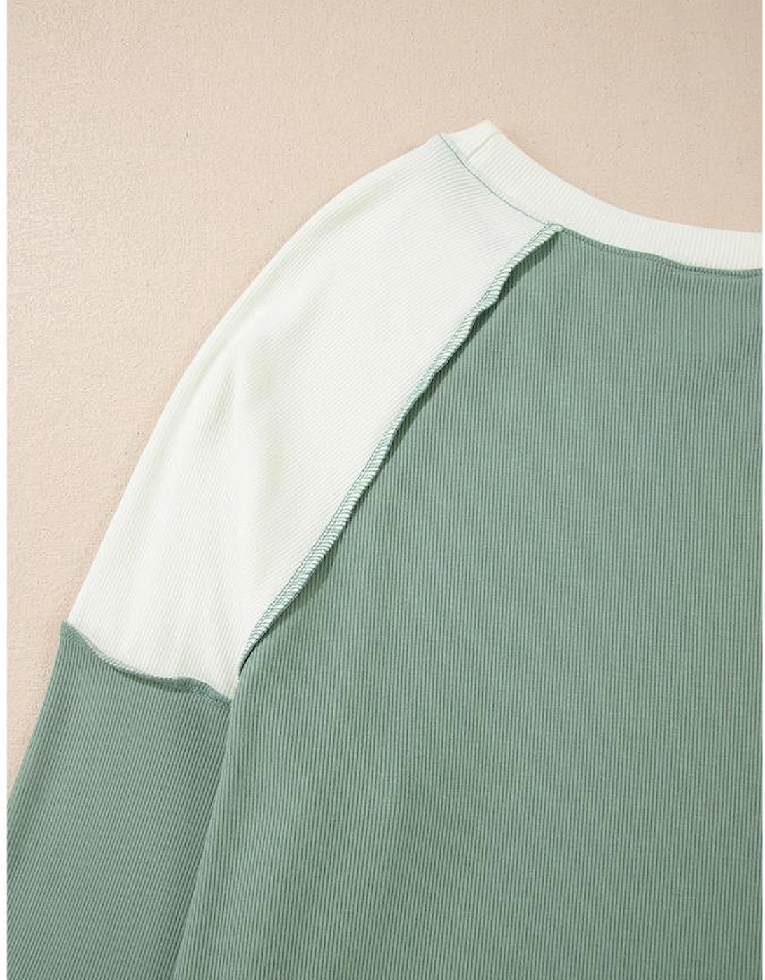Mint Green Ribbed Colorblock Patchwork Raglan Long Sleeve Top