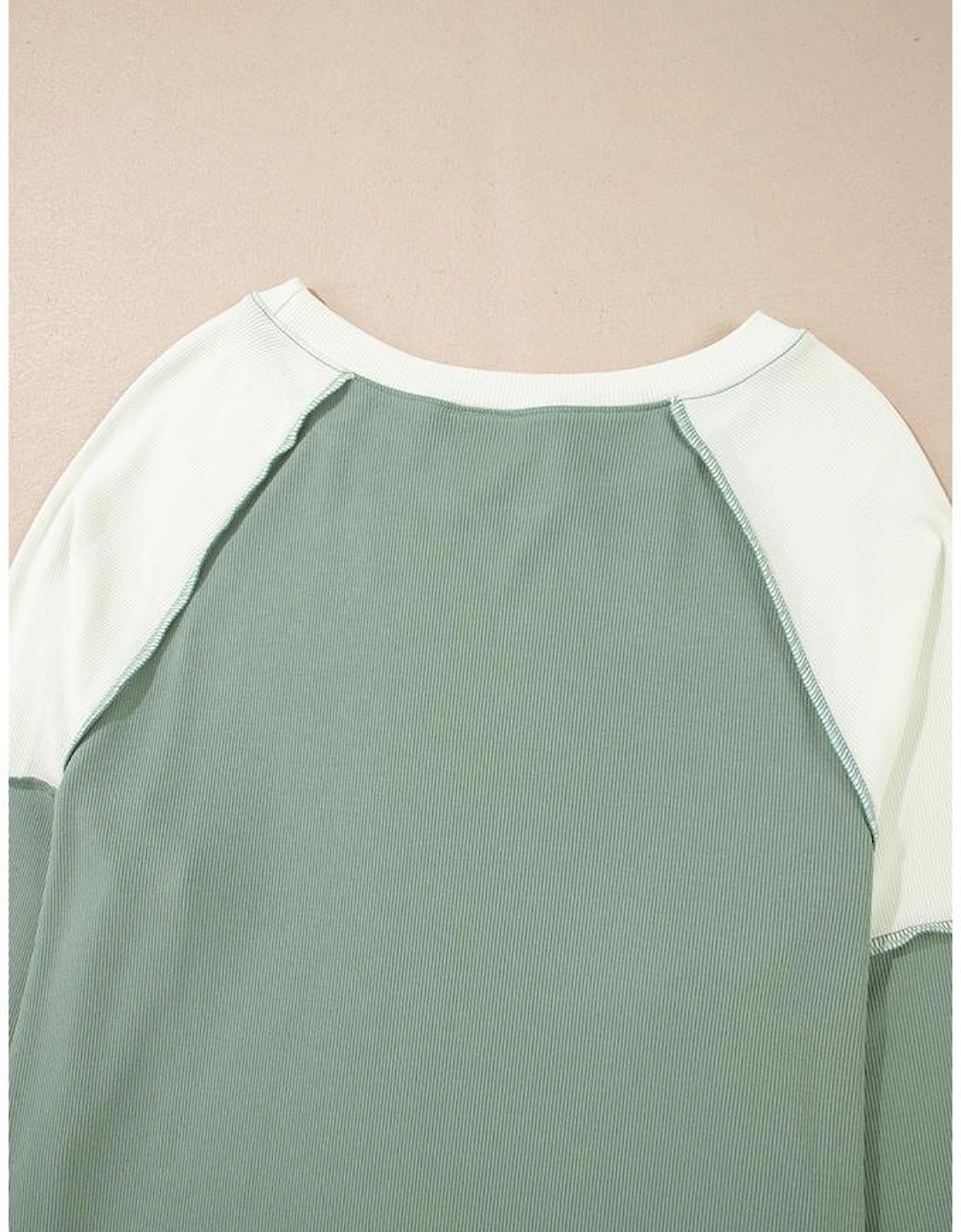 Mint Green Ribbed Colorblock Patchwork Raglan Long Sleeve Top