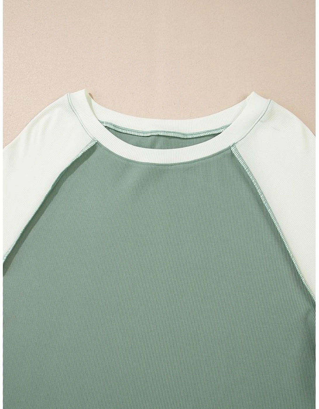 Mint Green Ribbed Colorblock Patchwork Raglan Long Sleeve Top, 13 of 12