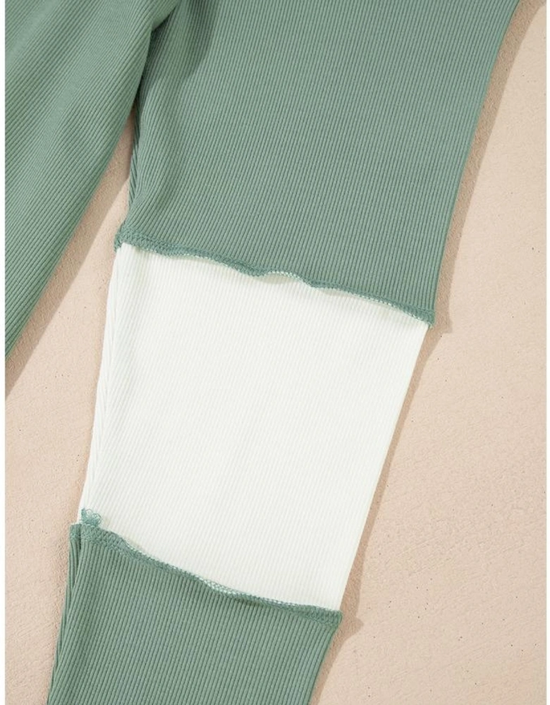 Mint Green Ribbed Colorblock Patchwork Raglan Long Sleeve Top